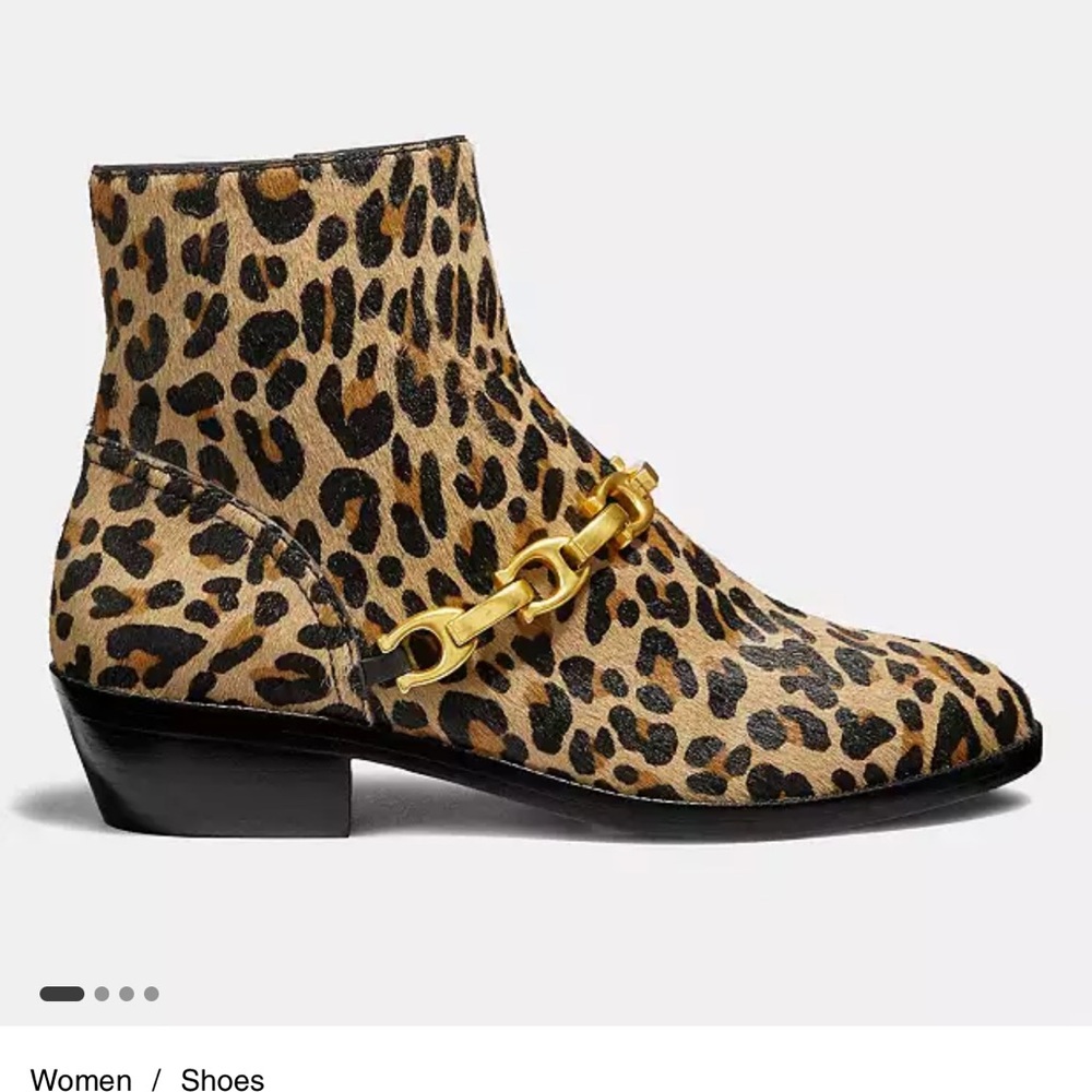 COACH ALLEN BOOTIE-Leopard Print Ankle Boots with Gold Chain
